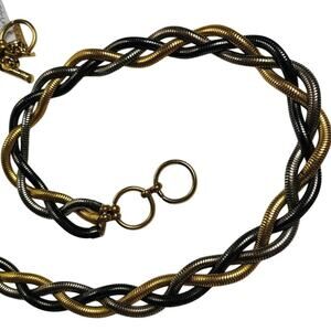 1980s Braided Tri-Color Thick Statement Choker Necklace Silver Gold Tone